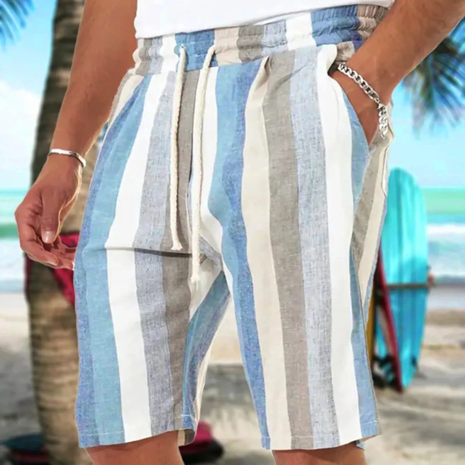 

Hawaiian Stripe Print Trunks Fashion Elastic Shorts Summer Drawstring Shorts For Men Loose Breathable Pantalones Cortos 2023