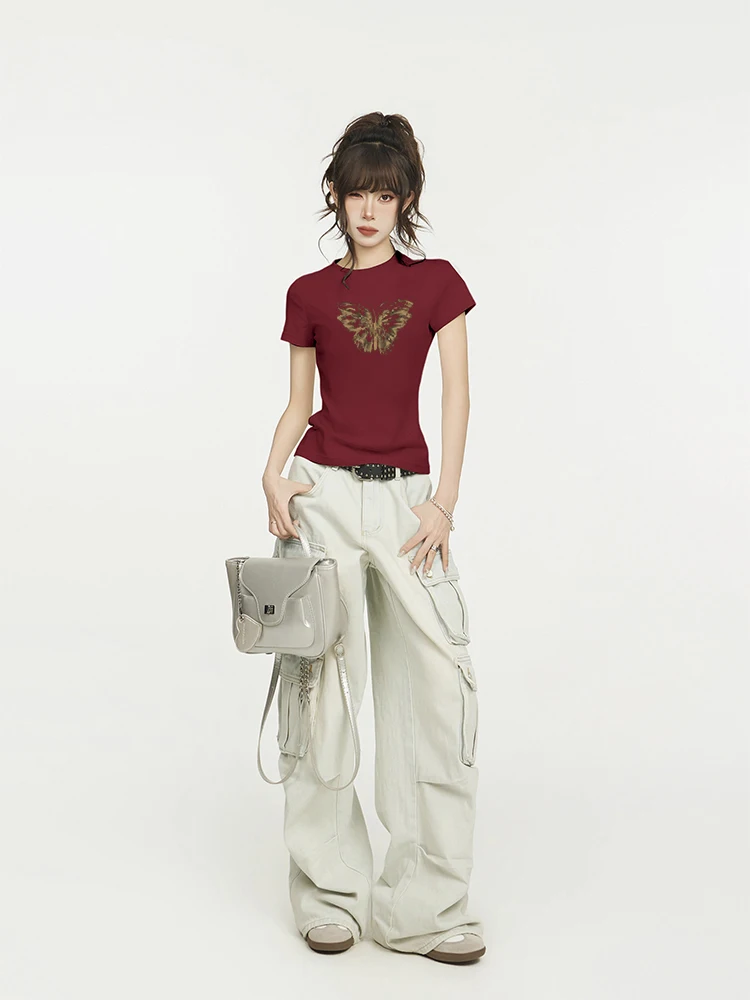 Винно-красная женская футболка с коротким рукавом и плечами Летний американский