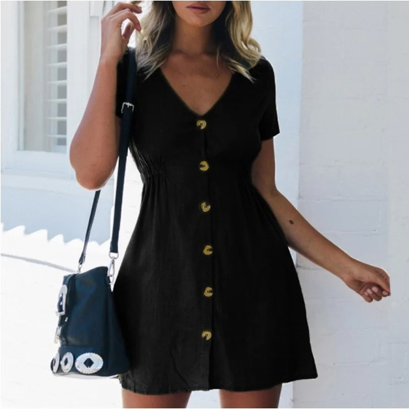 Купи Women 2021 New Solid Mini Dress Bodycon Sexy V Neck Short Sleeve Button Boho Beach Summer Dresses Female Casual Plus Size S-2XL за 595 рублей в магазине AliExpress