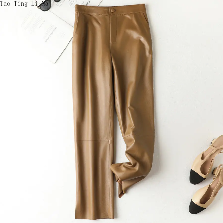 2023 Genuine Sheep Leather Pants Women New Autumn and Winter High Waist Elastic Straight Real Leather Pants G3