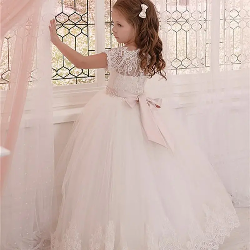 

Toddler Girl Dresses Flowers for Kids Long Sleeve A Line Lace Tulle Appqulies Train Gown First Communion Wed Evening