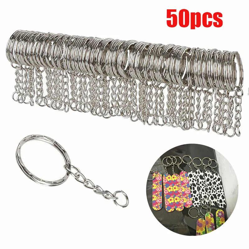 50pcs Metal Keychains with Split Ring Link Chains 20-30mm Key Rings Keyfob Key Pendants Holder Rings DIY Chain Keyring Wholesale