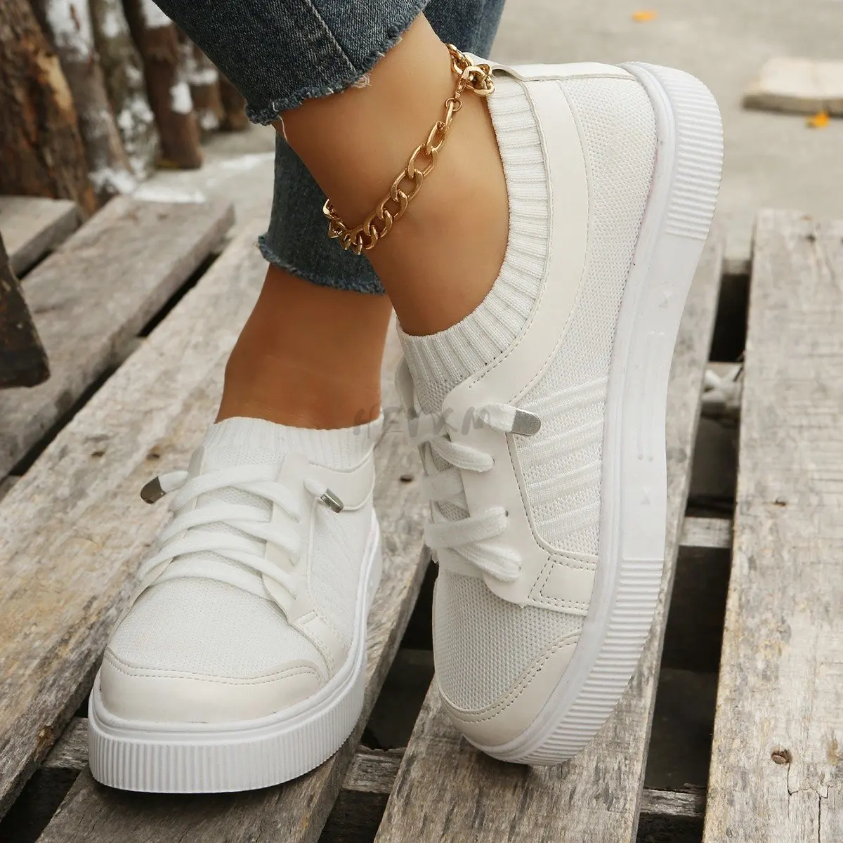 Women Shoes 2023 Breathable White Shoes Lace Up Flats Women Mesh Sneakers Socofy Size 43 Loafers Zapatillas Mujer