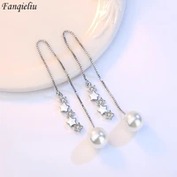 fanqieliu silver color s925 stamp long chain star zircon pearl drop earrings for woman luxury jewelry girl trendy new fql22153