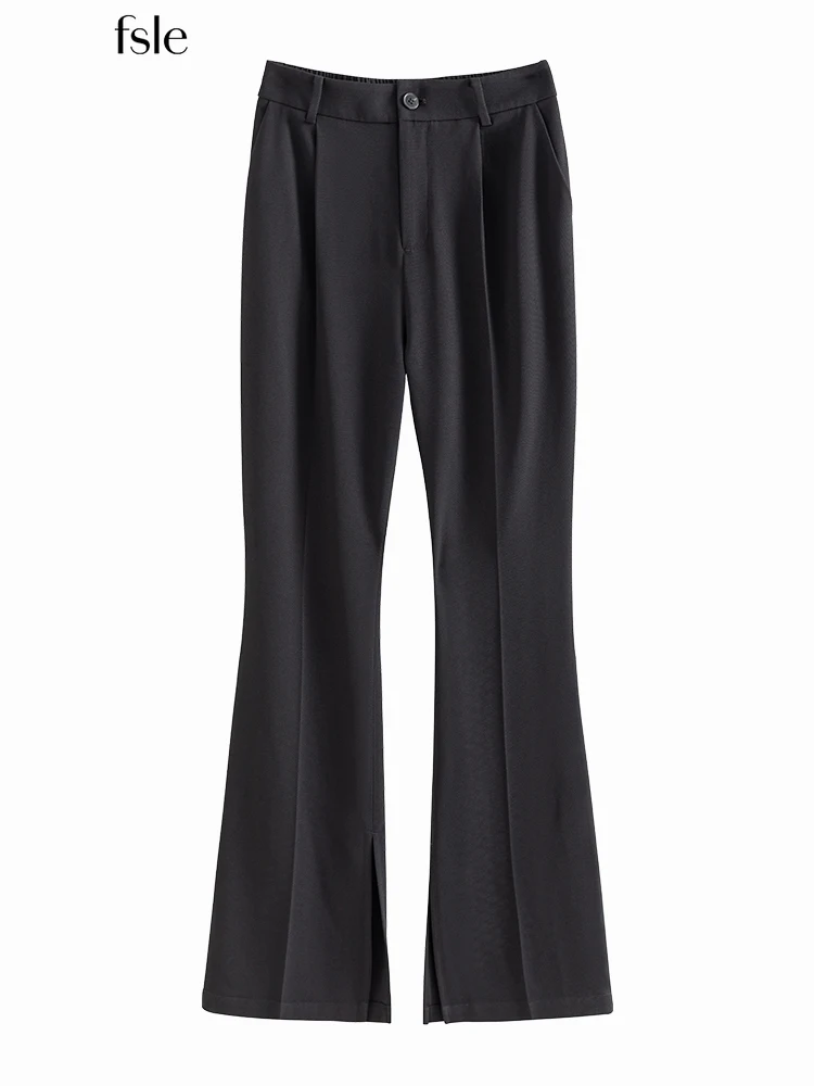 

FSLE Black Slit Flare Pant 2022 Summer Draped High Waist Suit Casual Pants Flared Simple Commuter Suit Trousers Women Pants