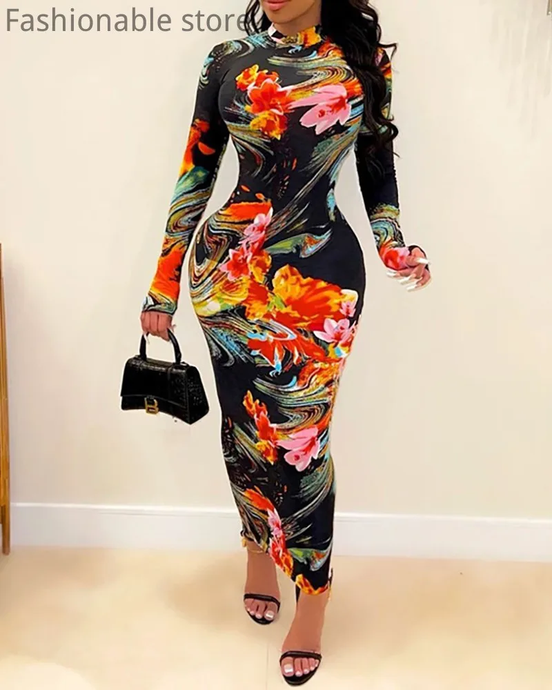 

Women Sexy Floral Print Long Sleeve Maxi Dress