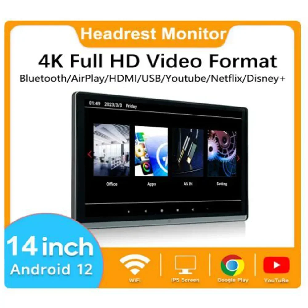 13.3&quot/14&quot Android12 4+64G Car Headrest Monitor Dual HMDI Display IPS Tablet Touch Screen For Rear Seat Video Music TV Player