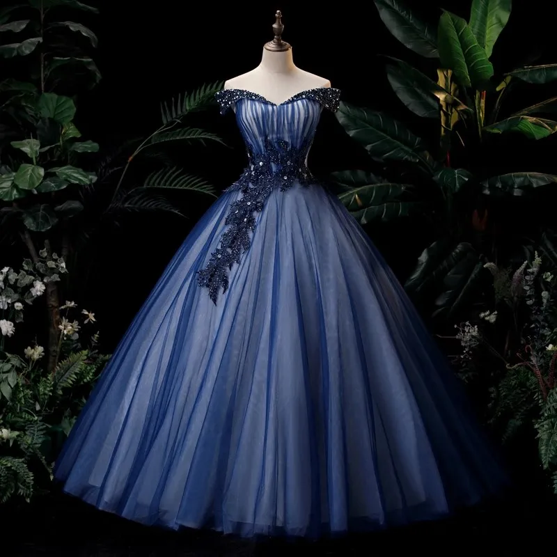 

Ashely Alsa Navy Blue Arabic Prom Dresses Long Cap Sleeve Applique Women Formal Occasion Dress Quinceanera Gown Vestido 15 Anos