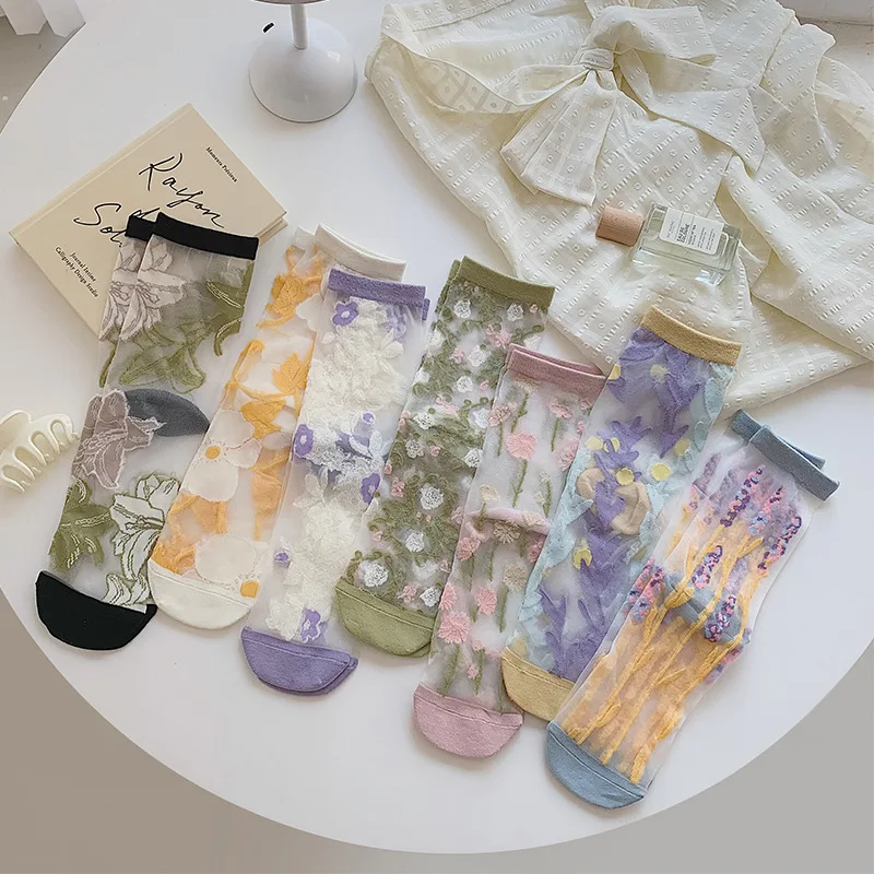

Transparent Kawaii Socks Funny Breathable White Women Embroidered Happy Cute Woman Japanese Sweets Female Long Fashion Print Fun