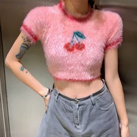 summer women plush print short sleeve crop teen girls sweetheart kawaii tops female streetwear party travel t shirts