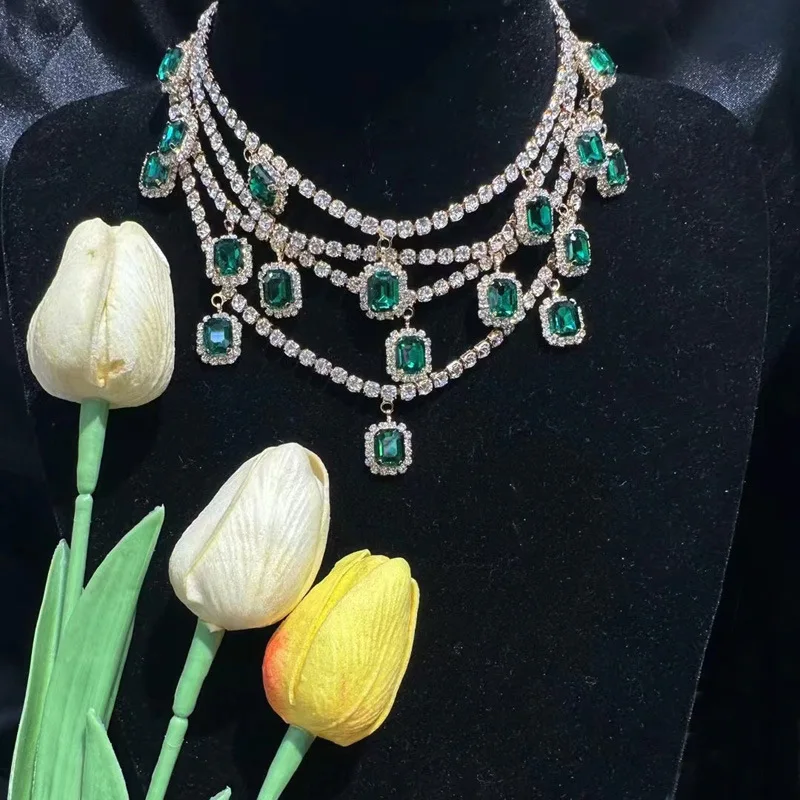 

2023 Women Crystal gemstone pendant with multiple layers and full diamond necklace