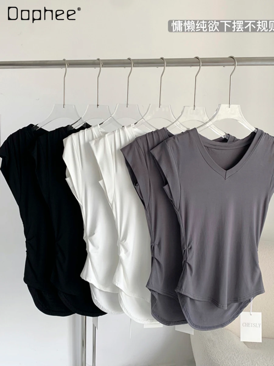 

Woman T-shirts 2022 Summer New Lazy V-neck Soild Color Tshirt Short Sleeve Irregular Tee Top Women Mujer Camisetas Punk Clothes