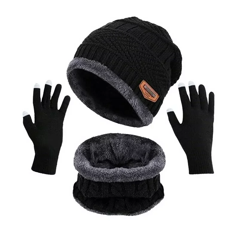 

Beanies Hat Ring Scarf Gloves Set Winter Knitted Thick Warm Cap Women Men Solid Retro Beanie Hat Soft Touch Screen Gloves
