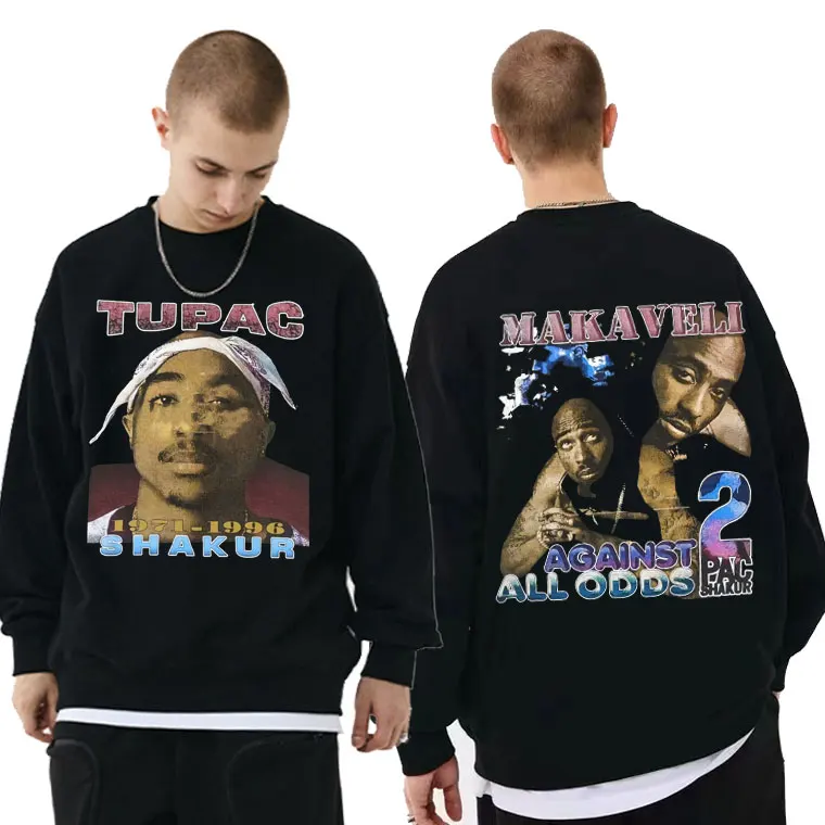 

Tupac 2Pac Shakur Makaveli Against All Odds Print Sweatshirt Mens Oversized Black Sweatshirts Men Women Fashion Hip Hop Pullover