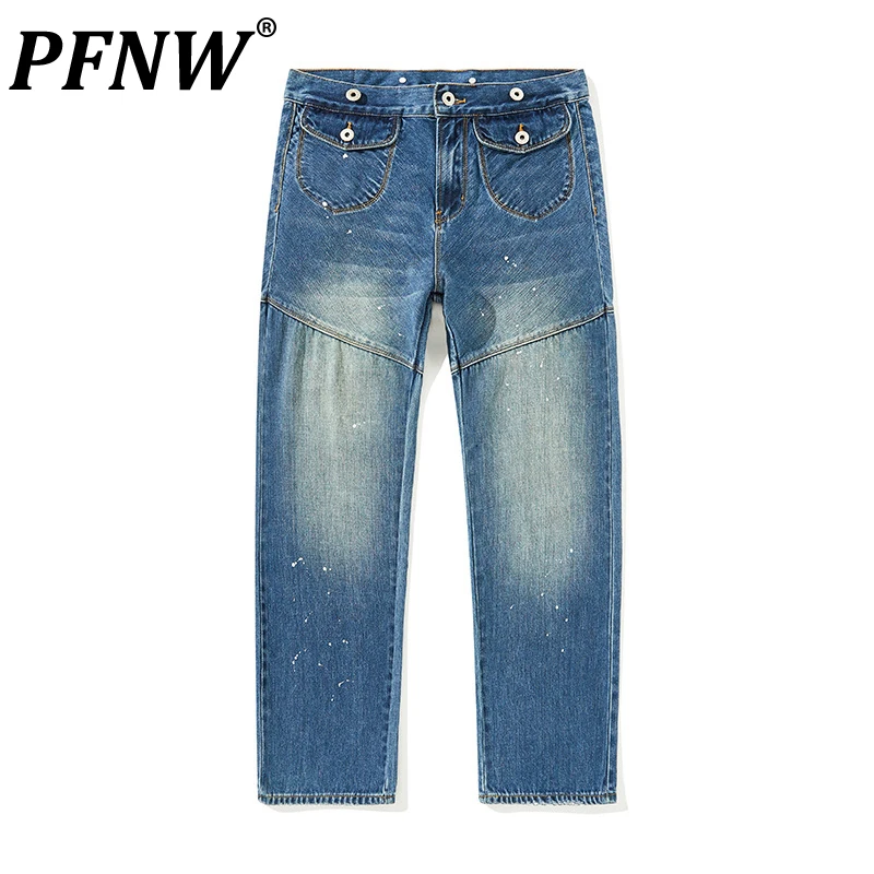 

PFNW Spring Autumn New Men's Splash-ink Niche Design Tide Jeans Straight Denim Pants Fashion Leisure Handsome Trousers 12A8277