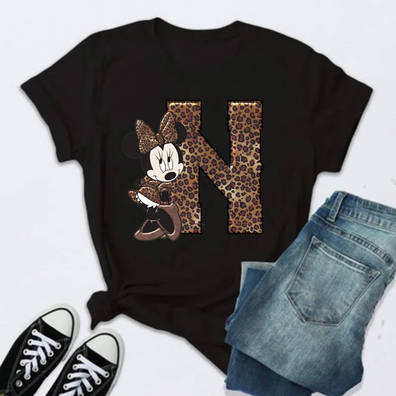 

Black Tshirts Minnie Mouse Font A B C D E F G Short Sleeve Tshirt Women's Custom Name Letter Combination Printing T-Shirt