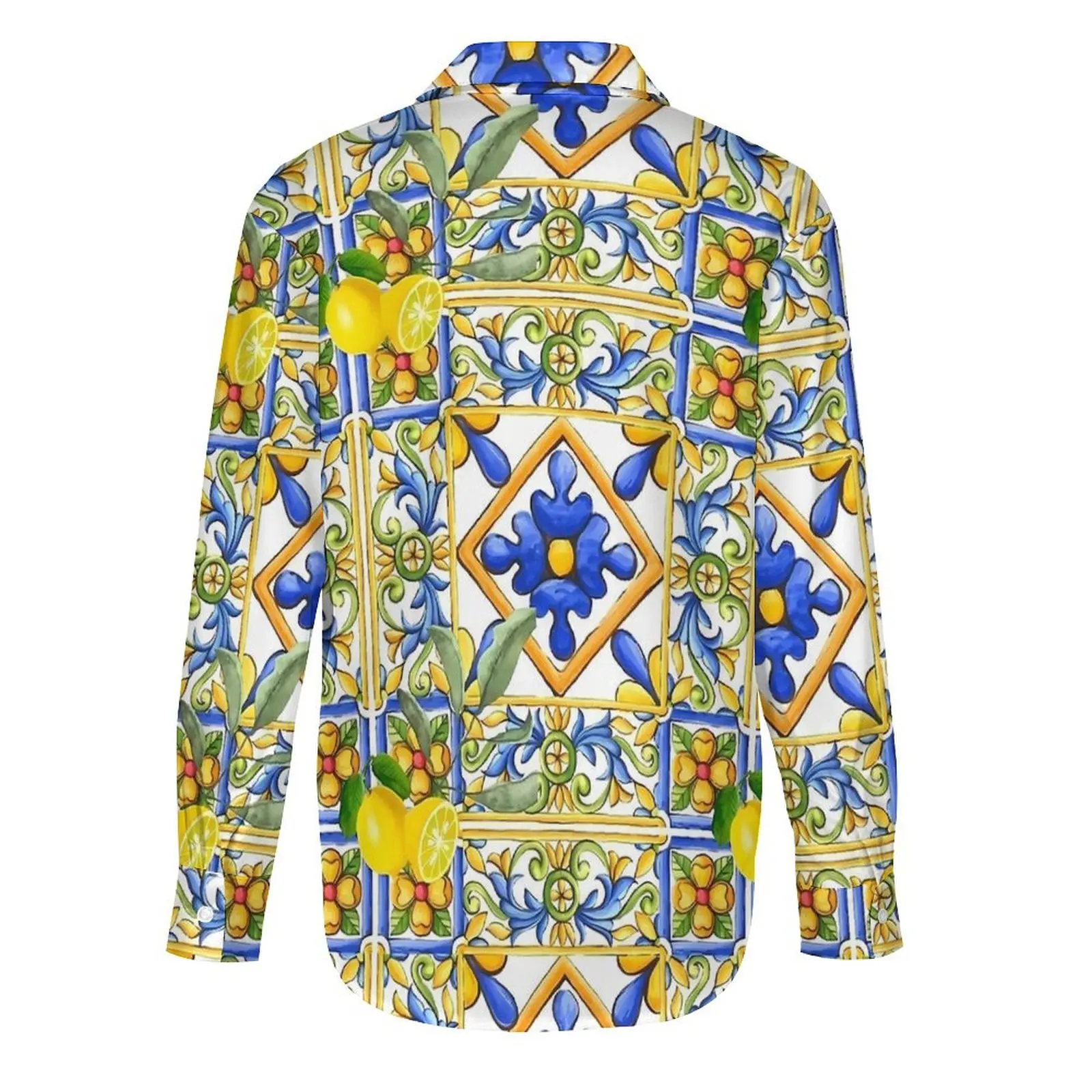 Majolica лимонная блузка с длинным рукавом цитрусовые цветы плитка забавные блузки