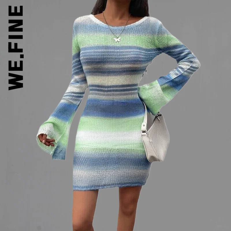 

We.Fine Women Dress Tie Dye Long Sleeve Backless Bodycon Mini Knitted Sweater Dress Vintage Chic Dress Woman Female Vestidos