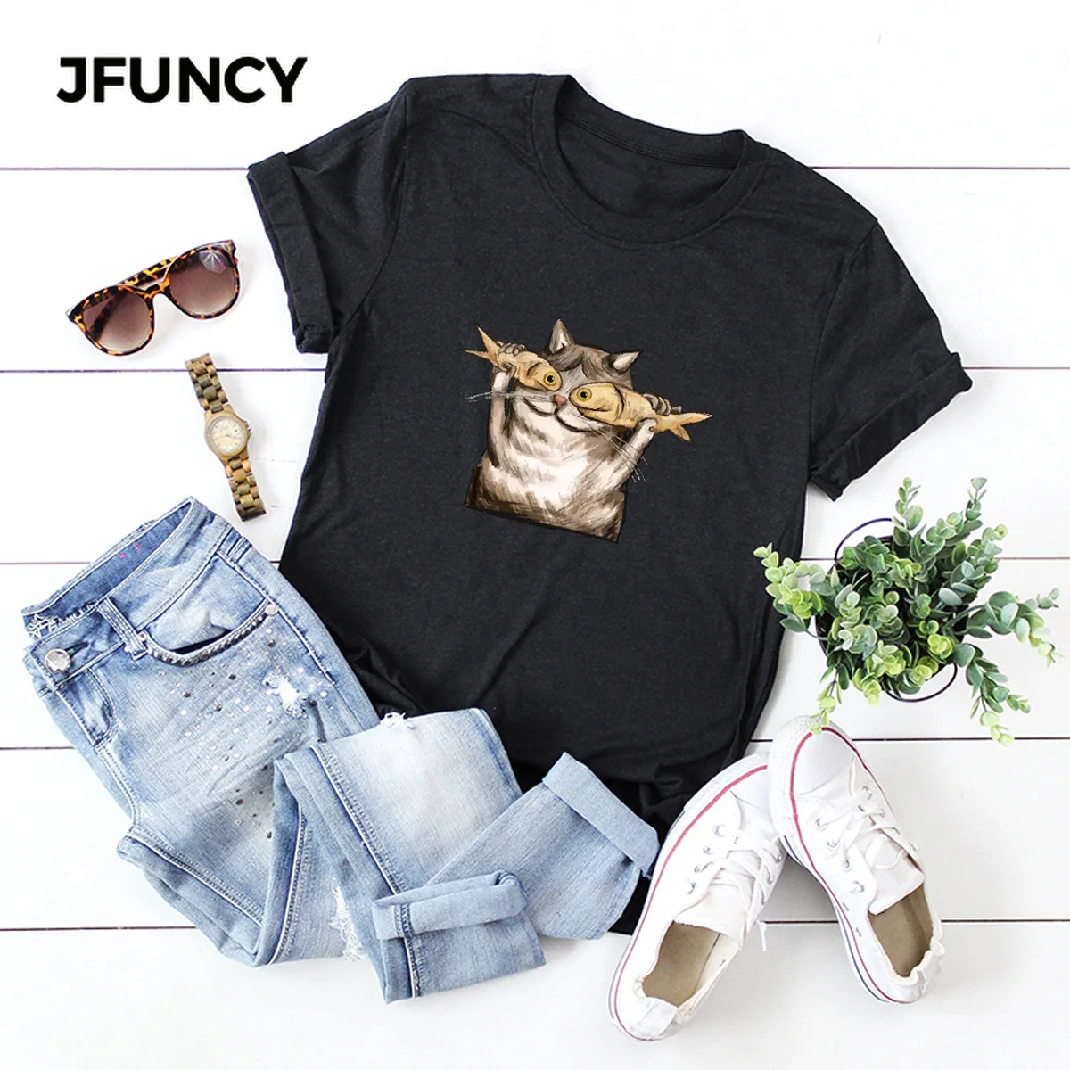 

JFUNCY Funny Cats Graphic Tees Women Tops 100% Cotton Summer T-shirt Short Sleeve Woman Shirts Lady Casual Tshirt