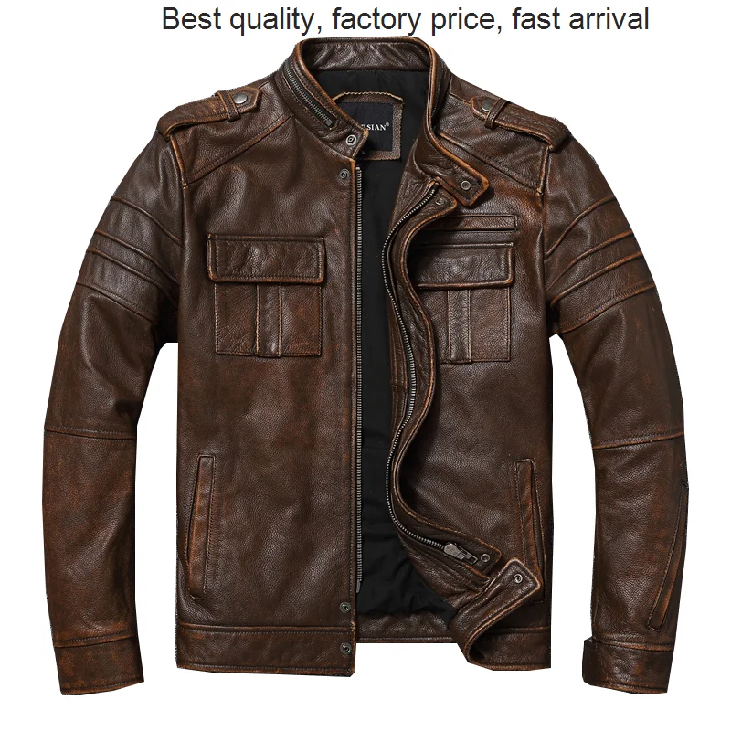 

Мужская винтажная кожаная куртка, классический кожаный жакет из коровьей кожи с верхним слоем, 100%