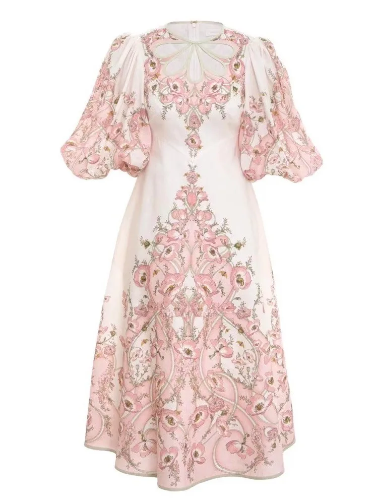 

Женское льняное платье средней длины, розовое платье с рукавами-фонариками и цветочным принтом в стиле барокко, лето 2022