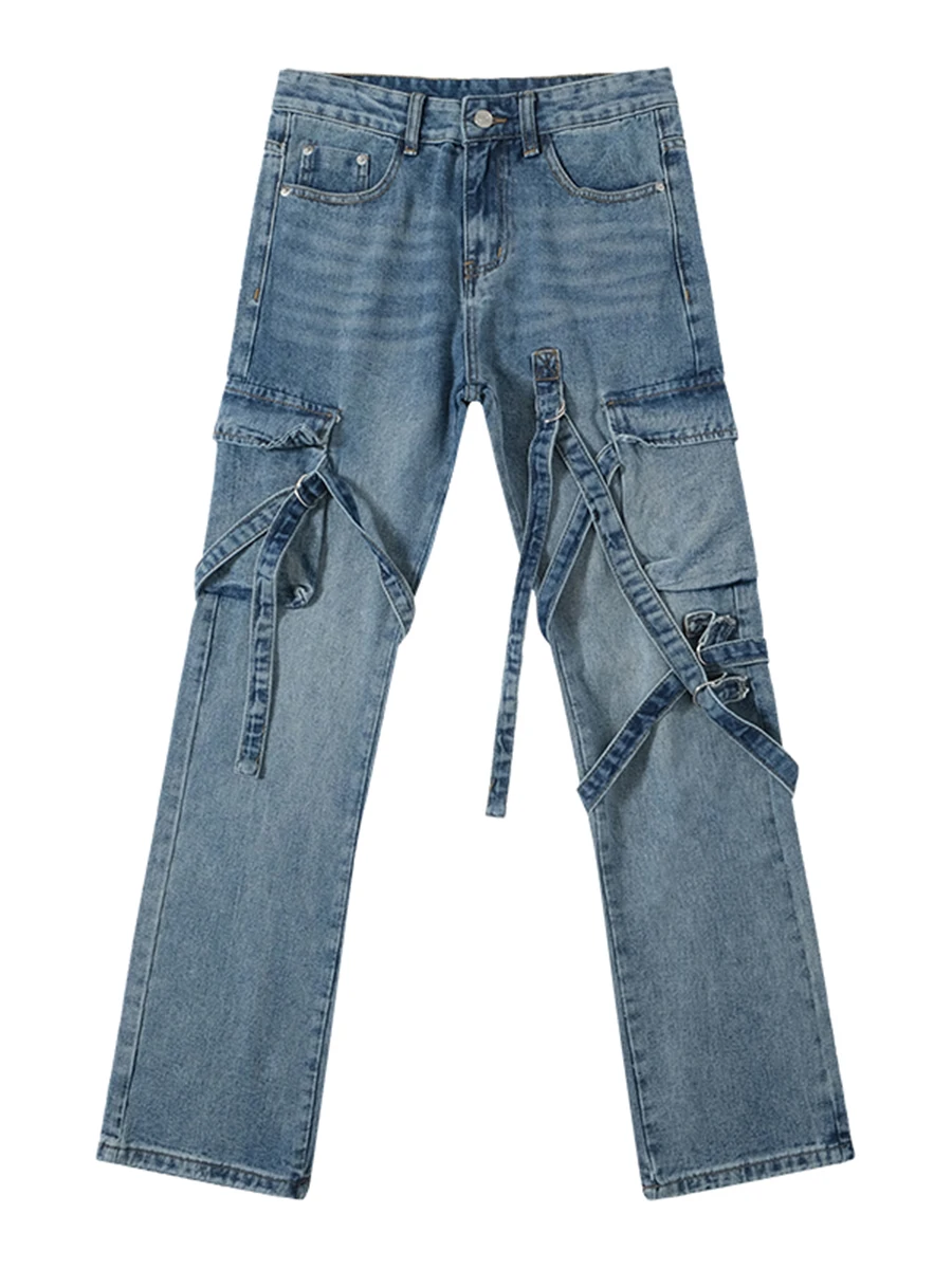 Four Seasons European and American Men Trend Loose Tooling Multi-pocket Streamers Straight Casual Denim Trousers Streetwear Men