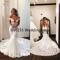 elegant full lace mermaid wedding dresses sexy sheer backless with buttons off the shoulder long train bride wedding gowns