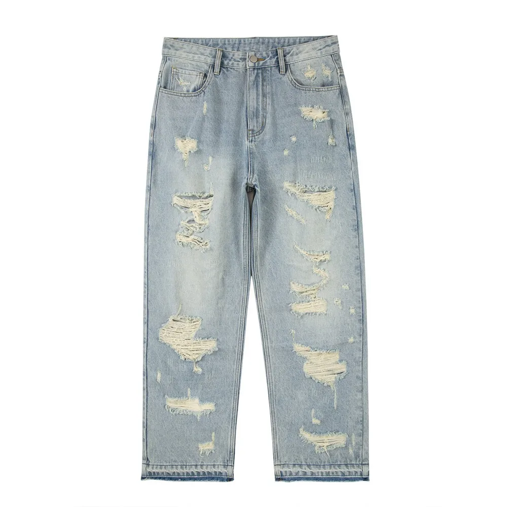 

Hole Denim Jeans Man Loose Bleached Distressed Straight Washed Full Length Casual Versatile Wide Leg Pants Four Seasons