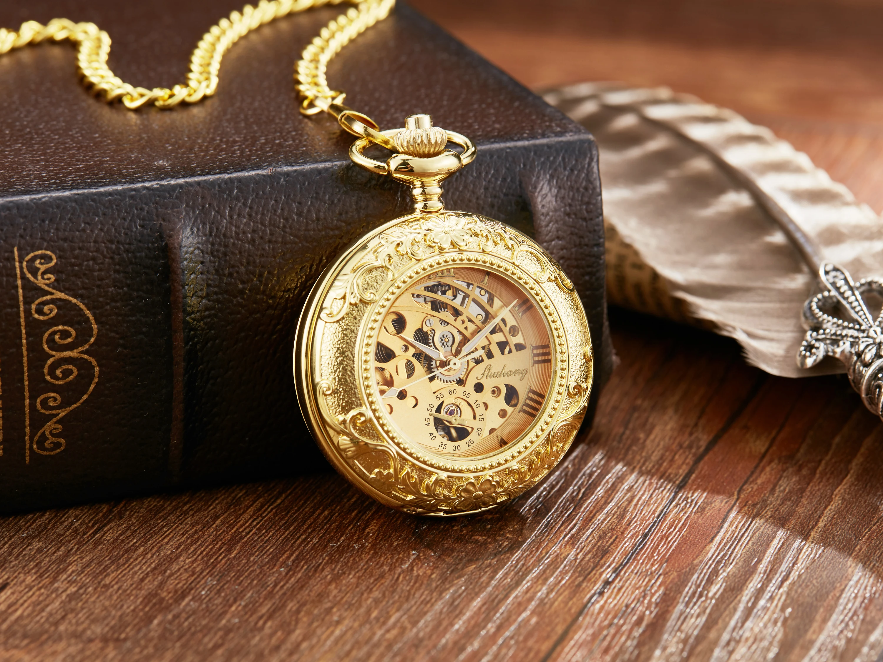 Vintage 2 Sides Open Case Mechanical Men Watch Double Face Roman Dial Clock Steampunk Hand Wind Pocket Watch With FOB Chain Gift natural wooden fob watch with decorative dials round open face wood chain watch silver chain birthday gift montre de poche homme