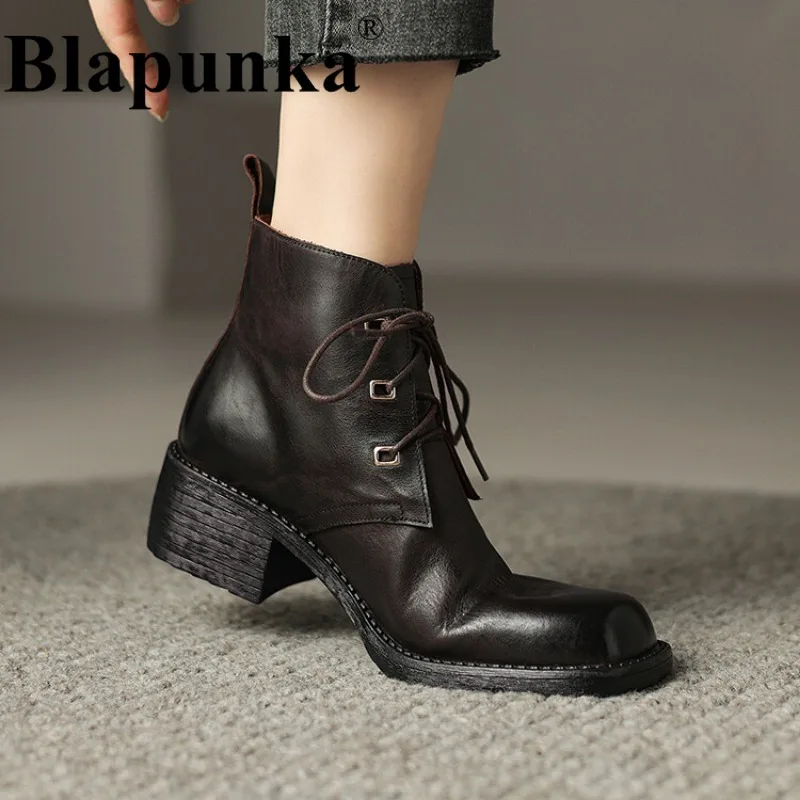 

Женские ботинки из натуральной кожи Blapunka, Черные ботильоны ручной работы на массивном каблуке, с квадратным носком, на шнуровке, зимние ботинки, размеры 34-41,