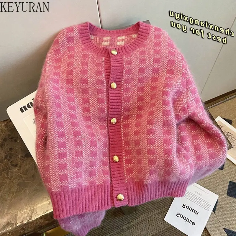 

Pink Plaid Sweater Women's Cropped Cardigan Autumn Winter 2022 New Korean Style Gentle Traf Long Sleeve Top Knitted Coat Women