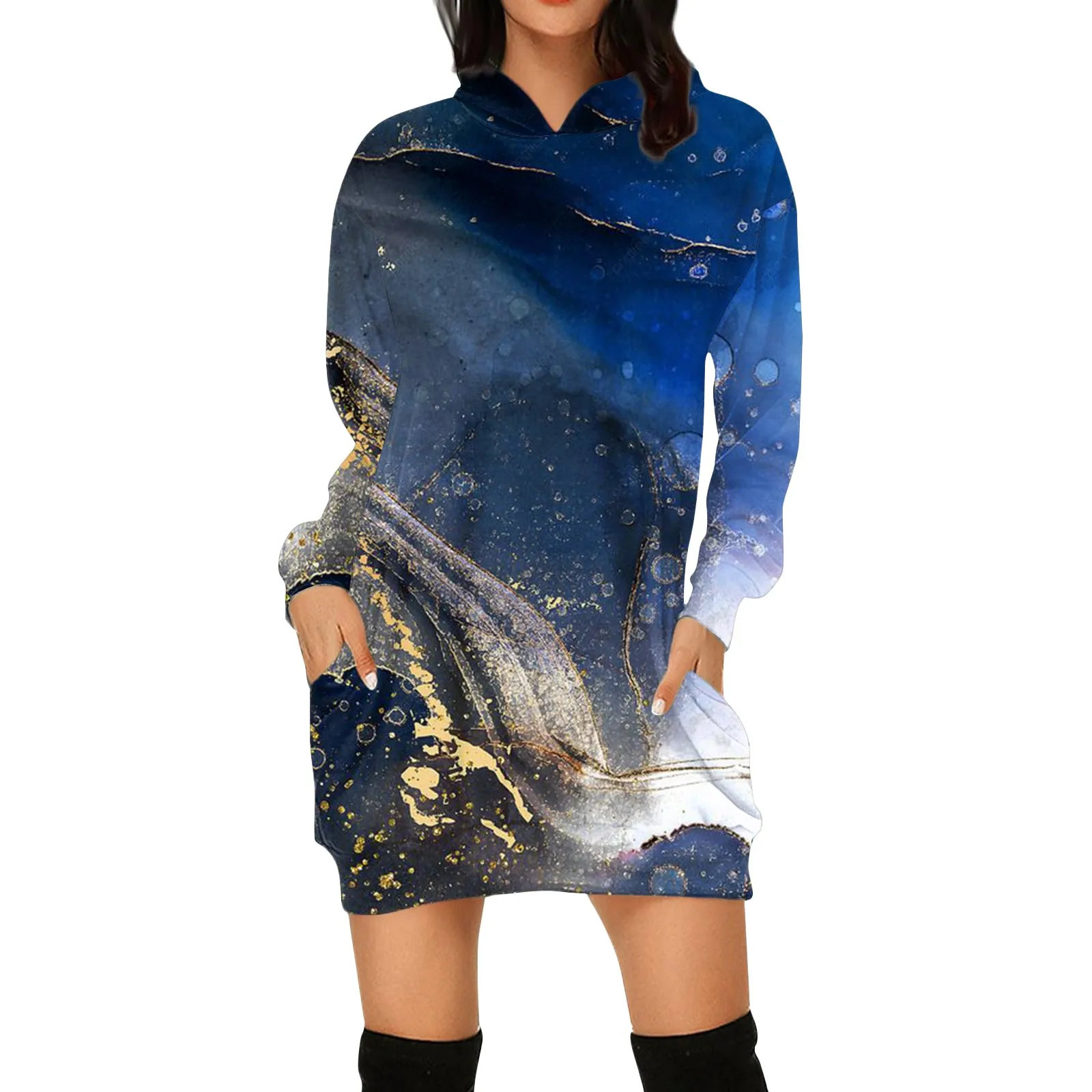 

House Dresses for Women Casual Women's Casual Fashion Printed Long Sleeved Hoodie Long Style Sweater Petite Dress with Pockets