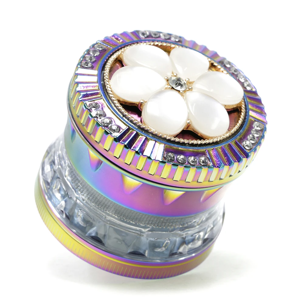 

Tobacco Herb Mills Crucher Diamond Flower Shape 4 Layers 60mm Rainbow Color Zinc Alloy Spice Crusher