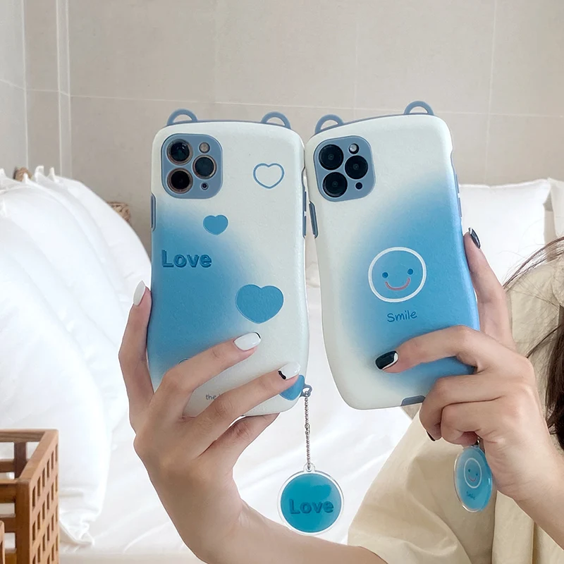 

Cute Cartoon Smiley Cat Ear Pendant Phone Case For iPhone 13 12 11 Pro Max X XR XS Max 7 8 Plus SE Shockproof Soft Leather Cover