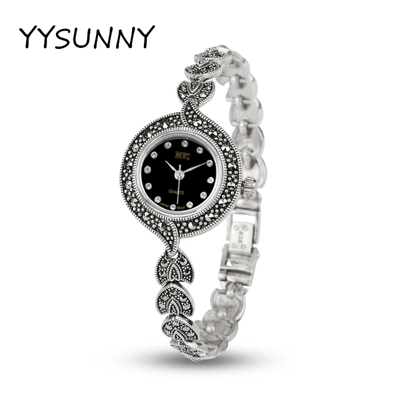 YYSUNNY Fashion Round Wrist Watch for Women S925 Sterling Silver Heart Shaped Bracelet Valentine's Day Gift Classic Jewelry