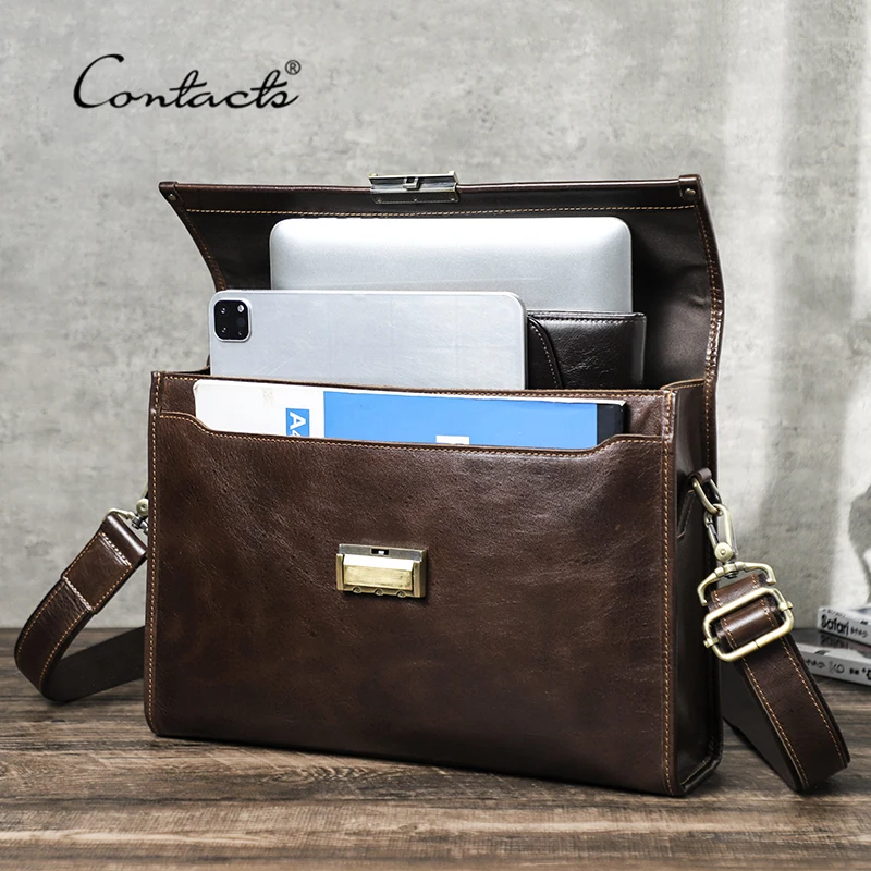 

CONTACT'S Men Briefcase Genuien Leather Business Laptop Bag Password Design Luxury Tote Handbag Office Executive Messenger Bags