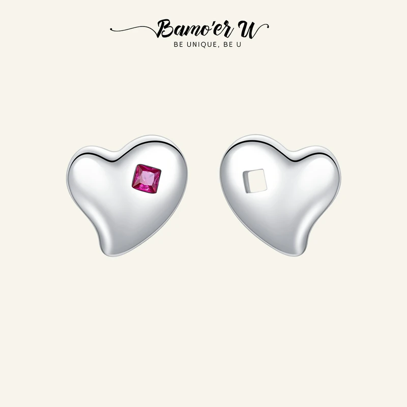

BAMOER U Authentic 925 Sterling Silver Simple Design Heart Ear Studs for Women Fine Jewelry Love Stud Earrings Wedding Gift