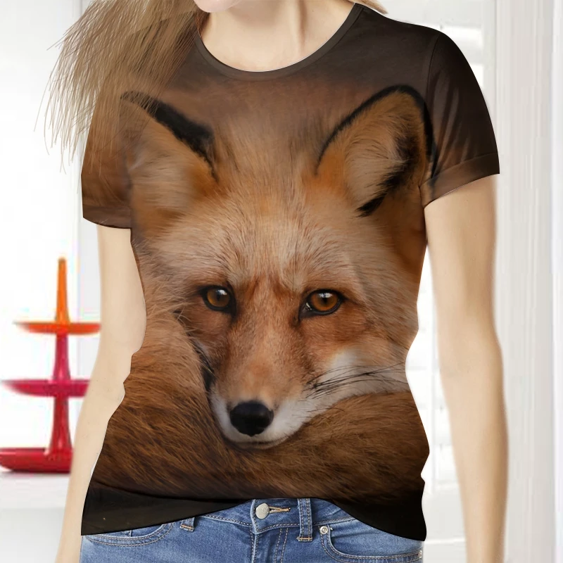 

Women T-Shirt Ladies Animal Fox Wolf Pattern Harajuku Camisetas Luxury Round Neck Blouses Woman O-Neck Casual 2022 New 3D Print