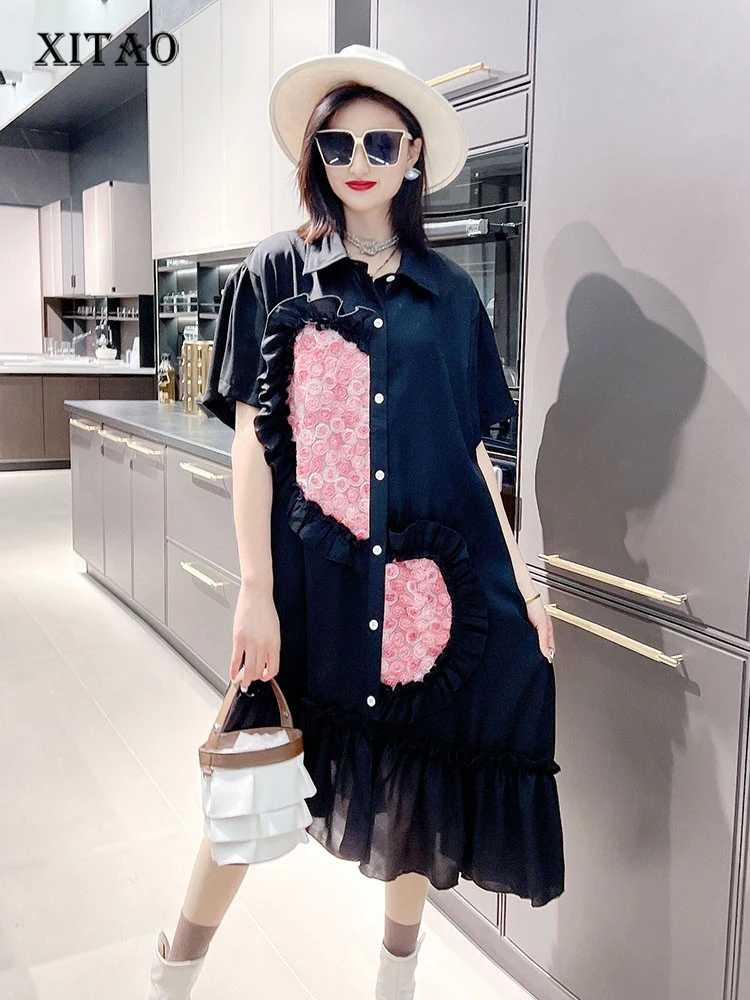 

XITAO Single Breast Dress Fashion Women Print Pattern Goddess Fan Casual Style Loose 2023 Summer Minority Dress GJ0003