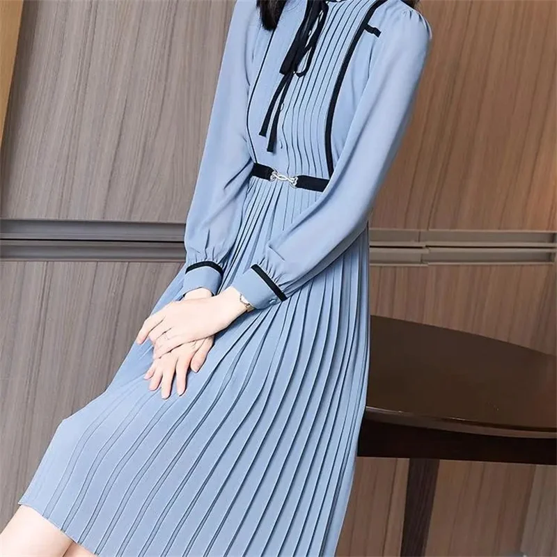 

Spring 2022 New All-match Korean Version of the Small Fresh Mid-length Pleated Skirt Waist Thin Bow Long-Sleeved Women's Dress W
