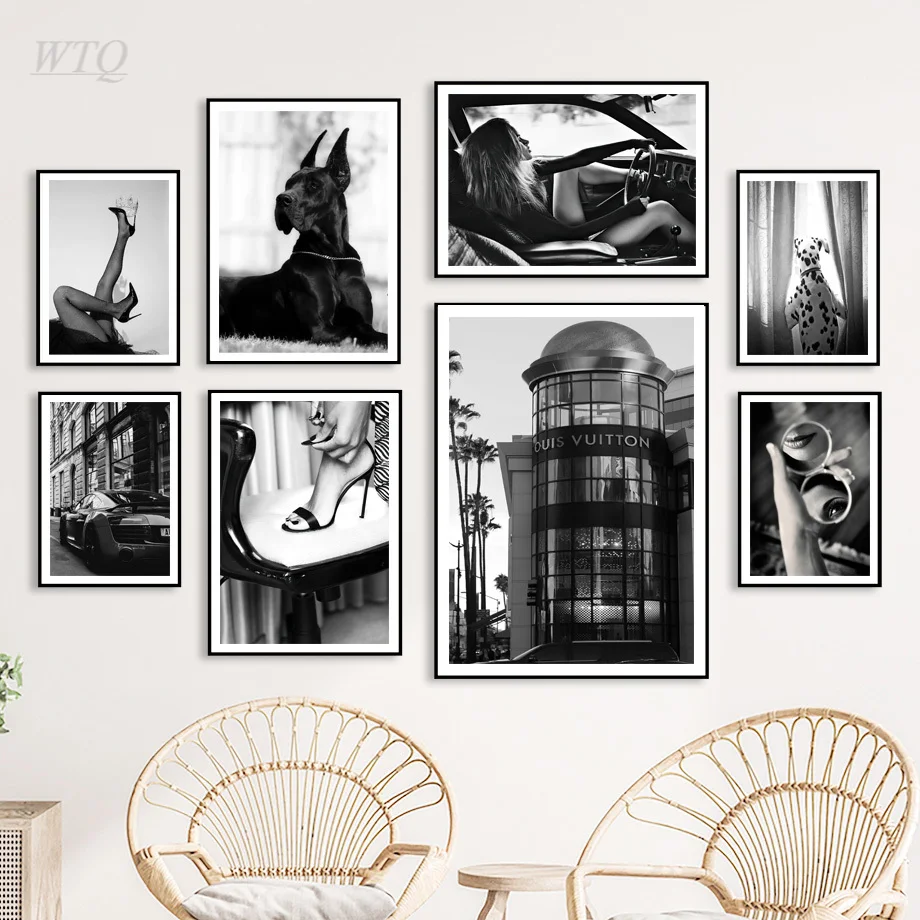 

Fashion Woman Doberman Car Retro Black White Wall Art Canvas Painting Nordic Posters And Prints Wall Pictures Living Room Decor