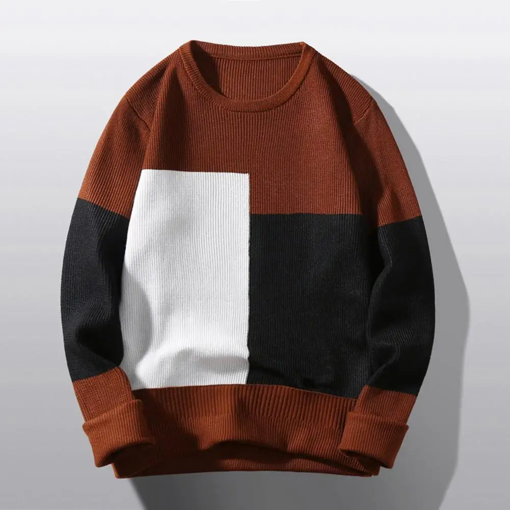 

Comfortable Loose Fit Sweater Cozy Men's Colorblock Knitted Sweater Thick Warm Stylish Fall/winter Pullover with Patchwork
