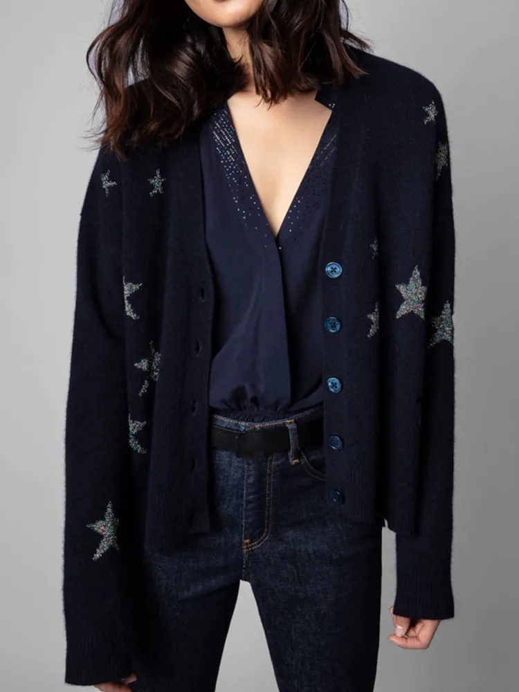 100% Silk 2022 Spring New Long Sleeve Sweater Star Pattern Single-breasted Women Cardigan