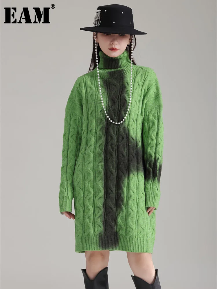 

[EAM] Green Tie Dye Long Knitting Sweater Turtleneck Long Sleeve Women Pullovers New Fashion Tide Spring Autumn 2023 1DH1869