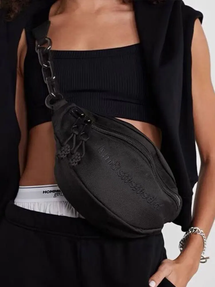 

Letters Embroidery Shoulder Bag Black Nylon Sports Chest Bag Leisure Travel Crossbody Fashion Man Woman Waist Bags