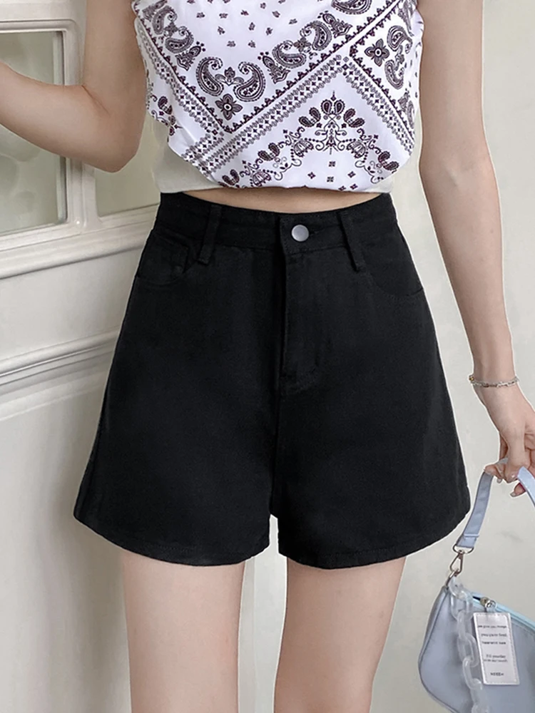 New Spring Summer Women High Waist Button Wide Leg Denim Shorts Casual Female Loose Black Jeans Shorts Ladies Bottoms