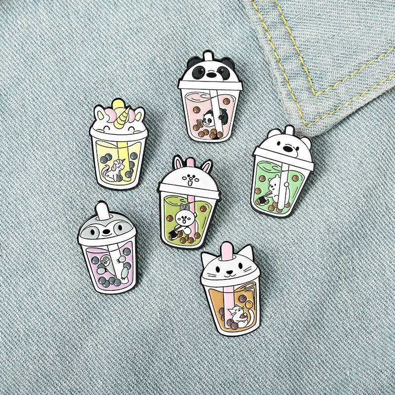 

New Cute Drink Pearl Milk Tea Cup Brooch Dot Pattern Cartoon Animal Head Enamel Pins Accessories Children's Denim Clothes Gift