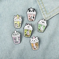 new cute drink pearl milk tea cup brooch dot pattern cartoon animal head enamel pins accessories childrens denim clothes gift