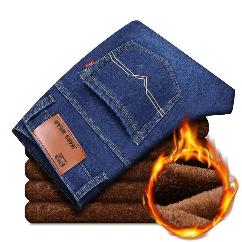 Men's slim jeans winter straight tube plus fleece thick jeans men's high-end fashion casual sports