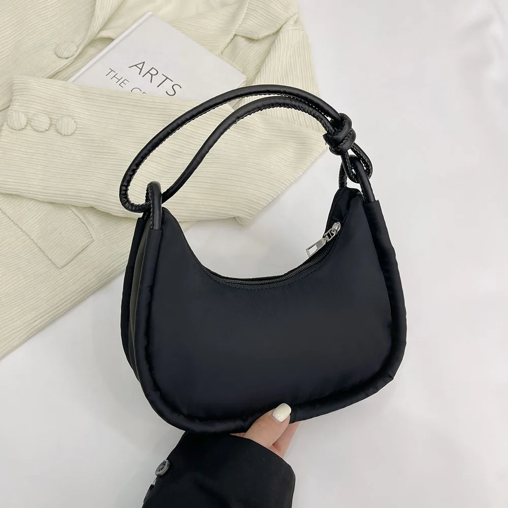 

2022 Fashion Ladies Half Moon Crescent Handbag Solid Color Nylon Underarm Purse Bag Casual Women Pure Zipper Shoulder Tote